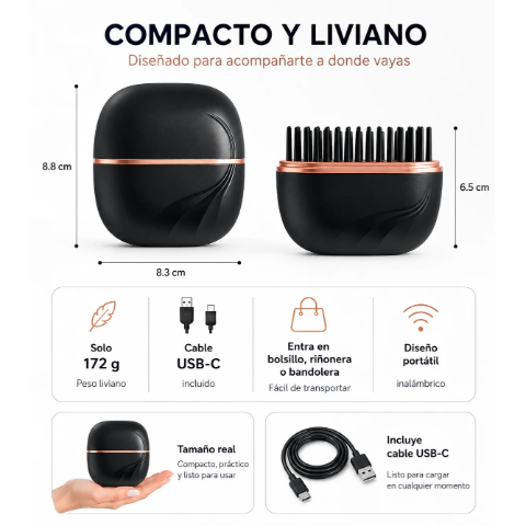 Mini Cepillo Alisador Portátil - USB Recargable.
