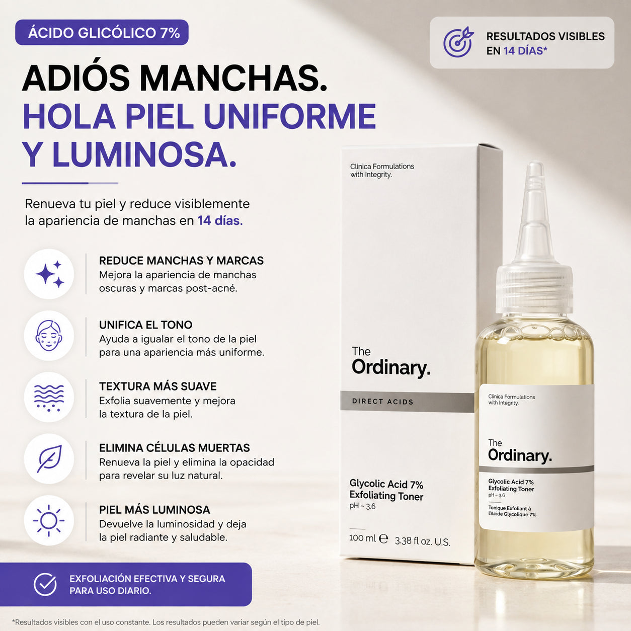 Ácido Glicólico 7%: Renueva tu piel y reduce la apariencia de manchas en 14 días