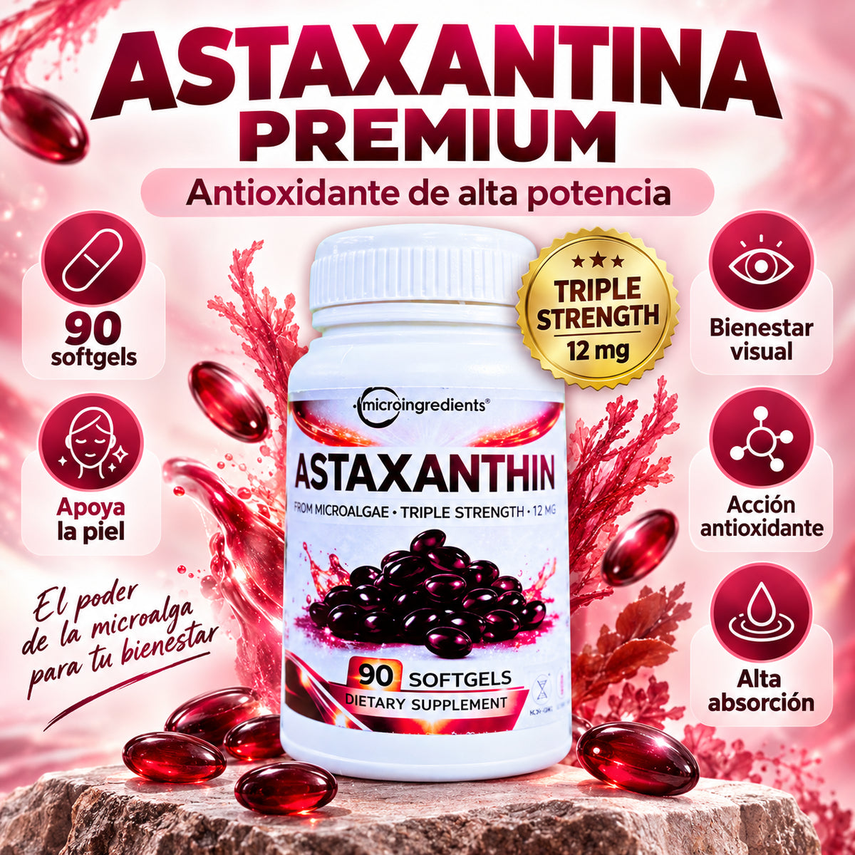 Astaxantina Triple Strength 12 mg – Belleza, Visión y Protección Antioxidante